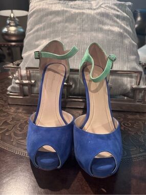 BCBGeneration Royal Blue Suede Peep-Toe Platforms with Mint Green Ankle Straps